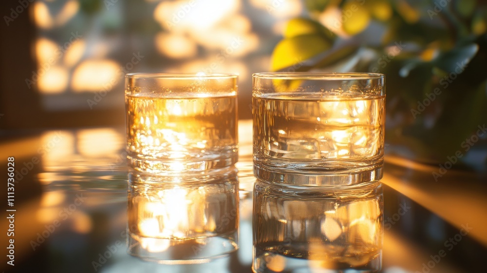 Two glasses of whiskey catching golden sunlight, creating a warm and cozy ambiance. Two glasses of whiskey catching golden sunlight, creating a warm and cozy ambiance.