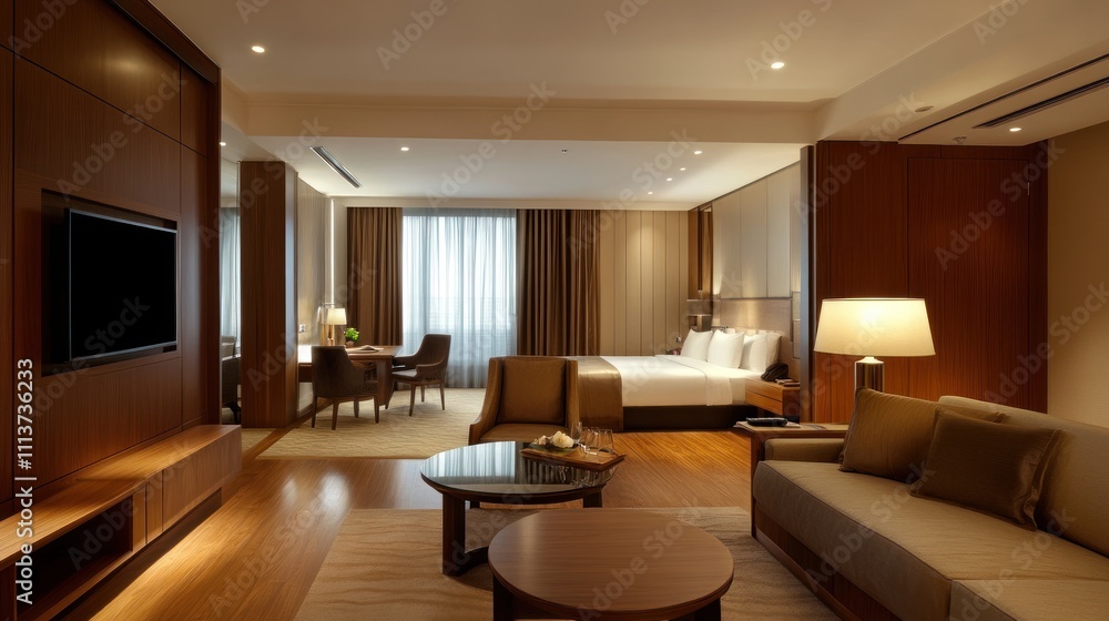 Fototapeta premium Luxurious Suite Interior Design: Modern Hotel Room with Elegant Furnishings
