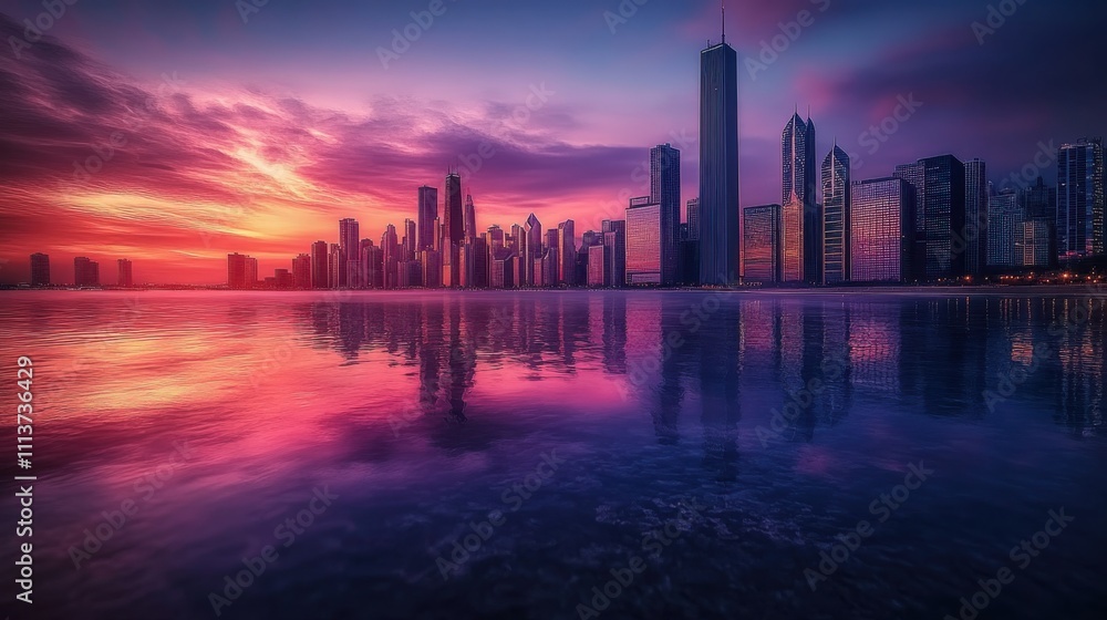 The Chicago skyline is illuminated by a stunning sunset, with warm colors radiating across the sky and reflecting beautifully on the calm waters of Lake Michigan. The Chicago skyline is illuminated by a stunning sunset, with warm colors radiating across the sky and reflecting beautifully on the calm waters of Lake Michigan.