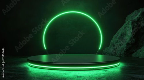 A sleek, circular stage illuminated by vibrant green neon lights, set against a dramatic dark background.