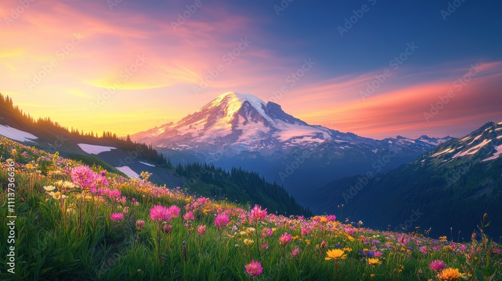 Mount Rainier rises majestically against a colorful sunset, surrounded by lush greenery and a vibrant display of wildflowers that adorn the landscape. Mount Rainier rises majestically against a colorful sunset, surrounded by lush greenery and a vibrant display of wildflowers that adorn the landscape.