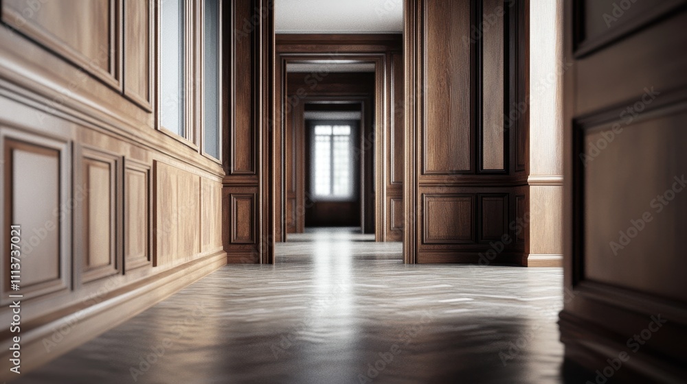 Elegant Wooden Hallway with Ornate Architectural Details Elegant Wooden Hallway with Ornate Architectural Details