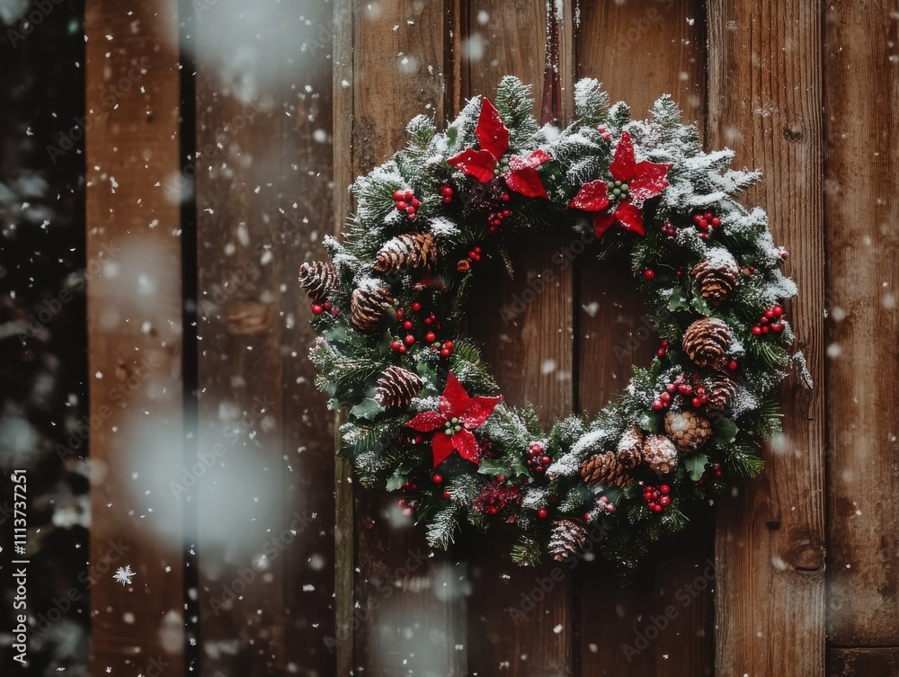 A beautifully crafted wreath featuring red flowers, pinecones, and greenery is displayed against a rustic wooden backdrop, with snowflakes falling softly around it. A beautifully crafted wreath featuring red flowers, pinecones, and greenery is displayed against a rustic wooden backdrop, with snowflakes falling softly around it.