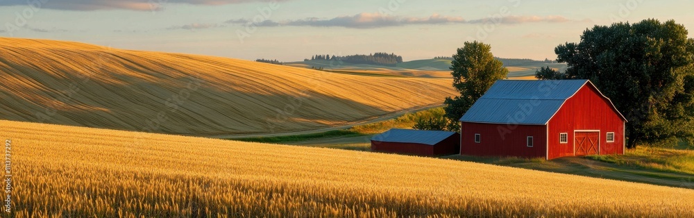 The rolling hills are blanketed in golden wheat, illuminated by the warm glow of evening light. A charming red barn adds character to this peaceful rural landscape. The rolling hills are blanketed in golden wheat, illuminated by the warm glow of evening light. A charming red barn adds character to this peaceful rural landscape.