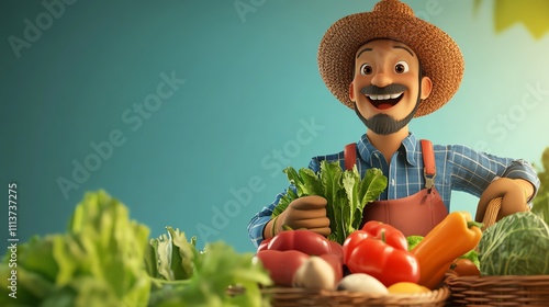 A cartoon farmer with a beard and a straw hat stands with baskets of fresh vegetables.
