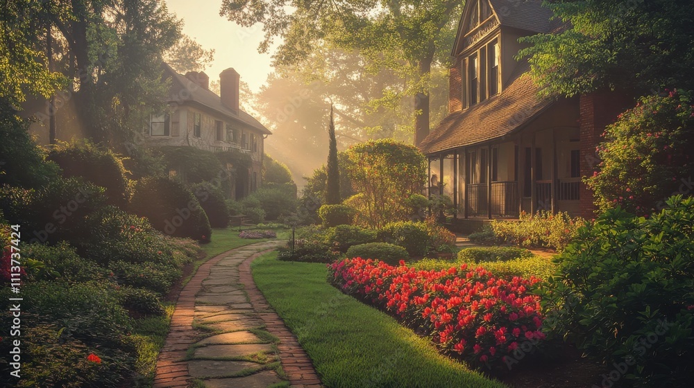 Naklejka premium The tranquil morning light illuminates a historic home surrounded by meticulously landscaped gardens, featuring winding pathways and colorful blooms.