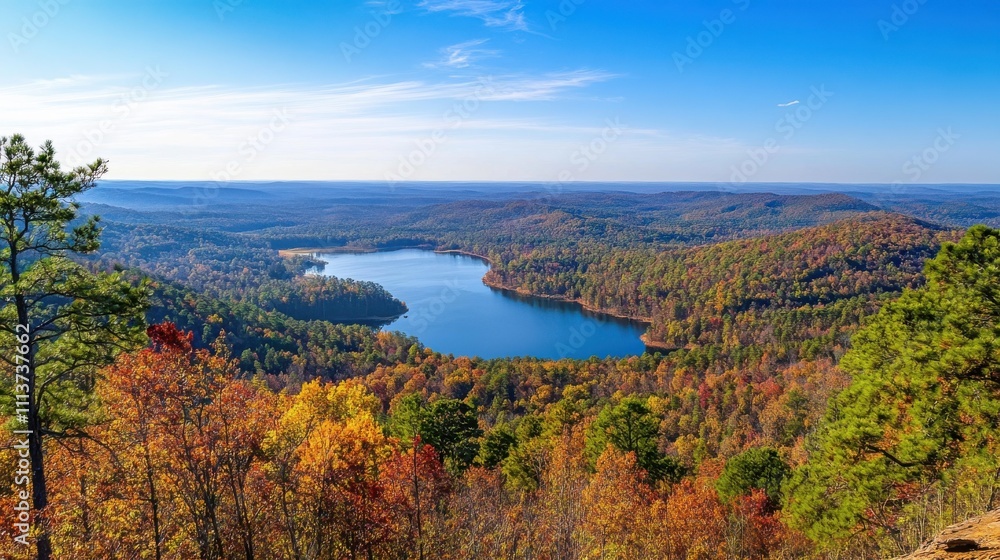 Obraz premium The landscape reveals a breathtaking view of Oak Mountain State Park, with colorful autumn leaves framing a tranquil lake reflecting the bright blue sky.