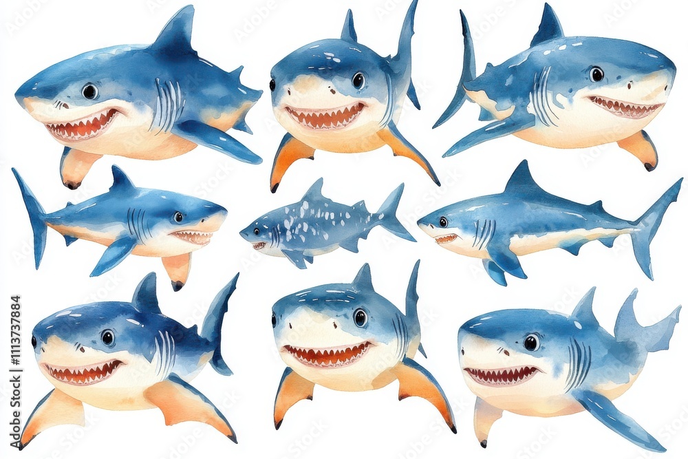 A collection of illustrated sharks in various poses and expressions. A collection of illustrated sharks in various poses and expressions.
