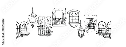 Mexican Mediterranean Moroccan window frame balcony, house plants, architectural facade exterior. Hand drawn ink vector illustration. Isolated seamless banner. Design travel, home decor brochure