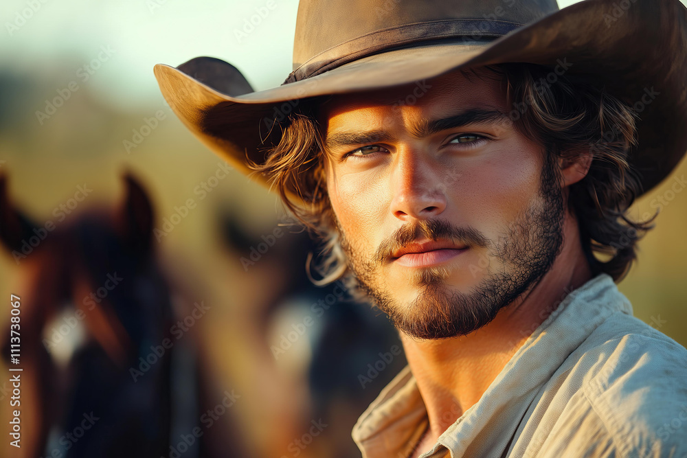 Portrait photo of a candid muscular young handsome cowboy wearing hat, man with wavy hair and a short beard, , standing looking at the camera. american rancho and horses blured background Portrait photo of a candid muscular young handsome cowboy wearing hat, man with wavy hair and a short beard, , standing looking at the camera. american rancho and horses blured background