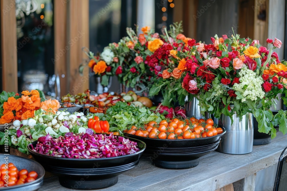 Fototapeta premium Vibrant salad bar with fresh veggies & colorful flowers. Perfect for showcasing healthy eating, farm-to-table concepts, or event catering.