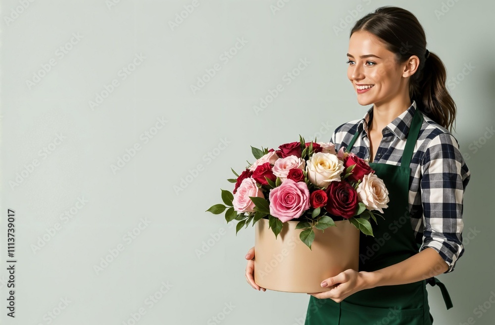 The florist girl is smiling and holding flowers in a brown round paper box. Roses as a gift. A checkered red shirt, a green apron, a place for text. valentine's day. Small business The florist girl is smiling and holding flowers in a brown round paper box. Roses as a gift. A checkered red shirt, a green apron, a place for text. valentine's day. Small business