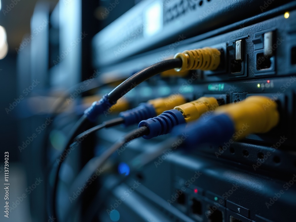 Close-up View of Network Cables Connected to Server Hardware in a Data Center During Operational Hours Close-up View of Network Cables Connected to Server Hardware in a Data Center During Operational Hours