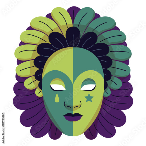 Theater mask decorated with feathers. Venetian carnival masque for Mardi Gras celebration. Festive disguise accessory for face. Masquerade. Flat isolated vector illustration on white background