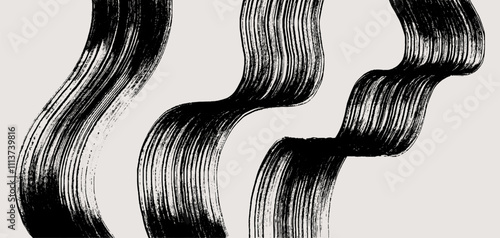 Set of Japanese brush stroke texture on white background. Wavy black bold strokes. Template grunge strong brush stroke graphic element, turbulence brush stroke. Vector Japanese brush illustration.