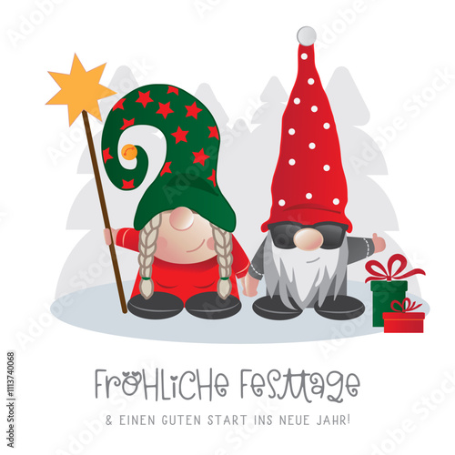 Fröhliche Festtage - Wichtel Weihnachtskarte - Weihnachtsgnom-Paar mit Stern und Geschenken - deutscher Text