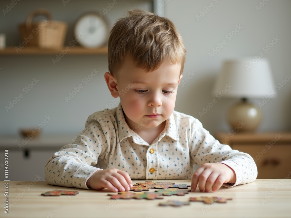A Young Child Focused on Assembling a Colorful Jigsaw Puzzle at a Wooden Table in a Cozy Indoor Setting During the Afternoon A Young Child Focused on Assembling a Colorful Jigsaw Puzzle at a Wooden Table in a Cozy Indoor Setting During the Afternoon