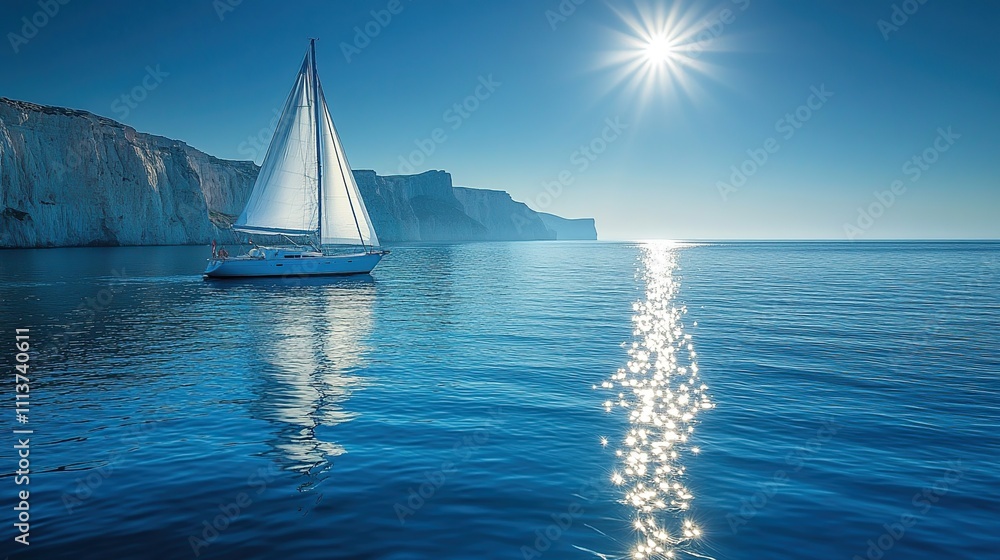 Fototapeta premium Serene Sailboat Cruise at Mediterranean Coastline