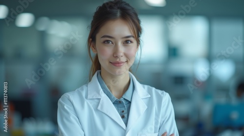 Confident female scientist in a lab coat standing in a laboratory setting with blurred background, arms crossed and smiling