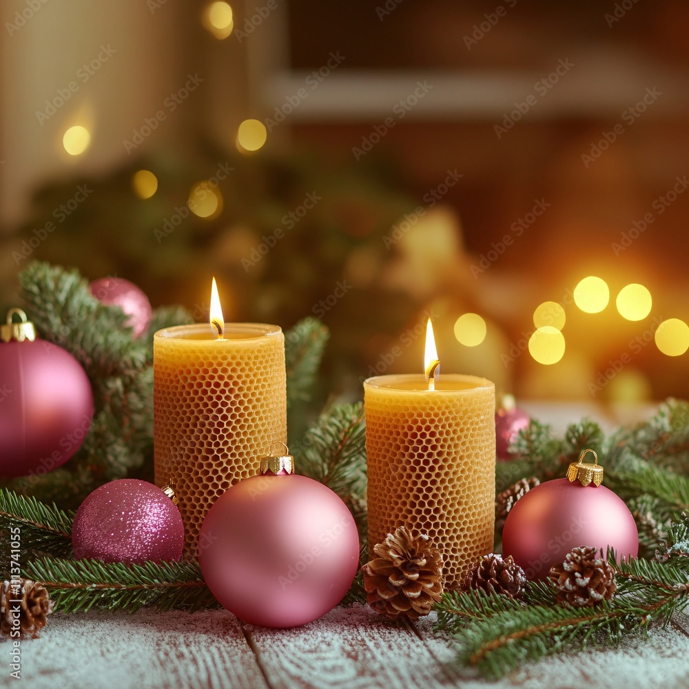 Beeswax candles with pink ornaments and pinecones on festive table Beeswax candles with pink ornaments and pinecones on festive table