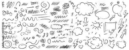 Hand drawn circle in doodle sketch style, set of cloud speech bubbles elements. Arrows, stars, heart-shaped decorations. Vector 