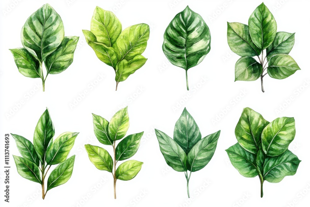 A collection of watercolor illustrations of various green leaves. A collection of watercolor illustrations of various green leaves.