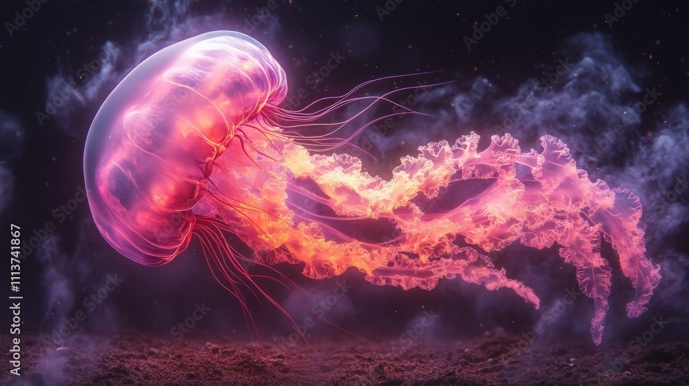 Ethereal Jellyfish Gliding Gracefully Through Deep Ocean Waters, Radiating Vibrant Hues of Pink and Purple, Surrounded by Shimmering Marine Environment Ethereal Jellyfish Gliding Gracefully Through Deep Ocean Waters, Radiating Vibrant Hues of Pink and Purple, Surrounded by Shimmering Marine Environment