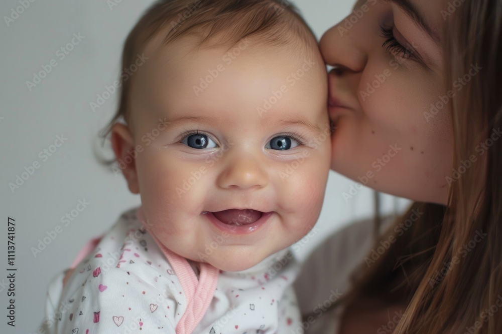 mother kiss 3 month old smiling baby girl on white background mother kiss 3 month old smiling baby girl on white background