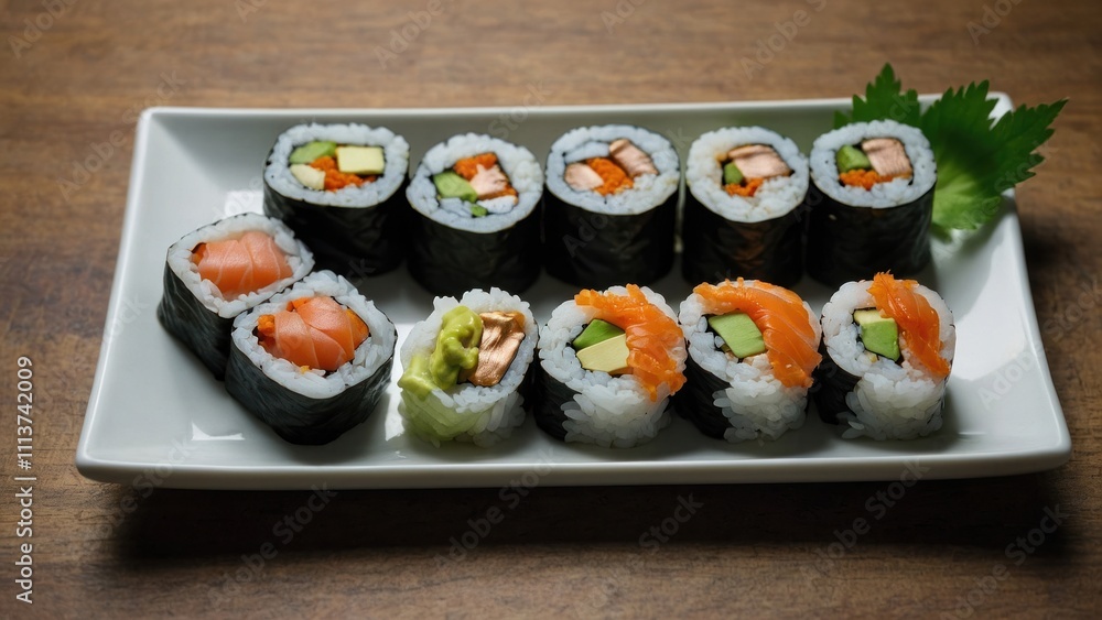 Plated Sushi Rolls with Fresh Ingredients and Vibrant Colors Plated Sushi Rolls with Fresh Ingredients and Vibrant Colors
