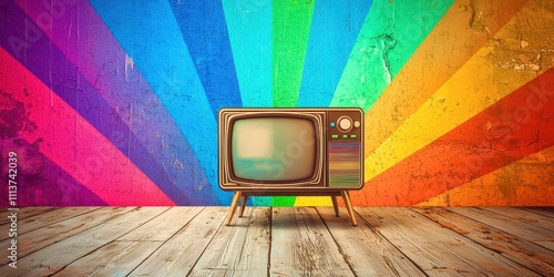 Television is sitting on a wooden floor in front of a colorful wall photo