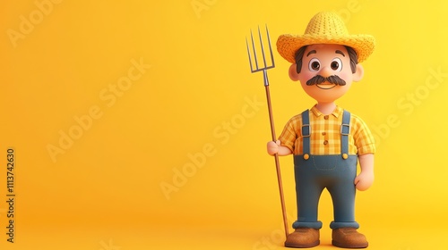 A cartoon farmer with a mustache and a straw hat holds a pitchfork.