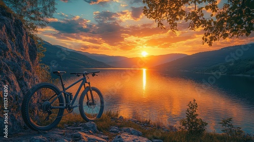 Scenic Sunset Over Calm Lake with Mountain Bike Featuring Vibrant Colors and Tranquil Reflections in Nature’s Beautiful Landscape