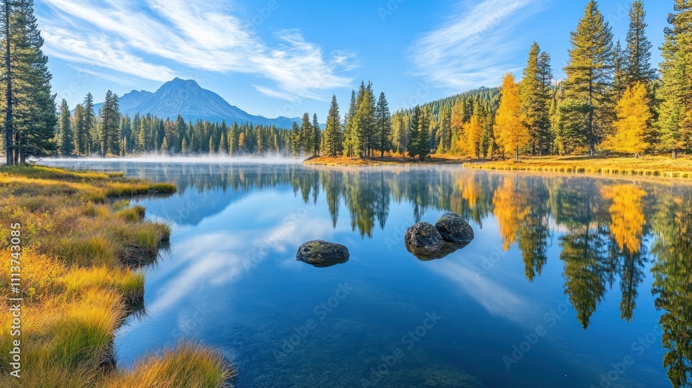Mountain lake reflecting autumn trees and sky Mountain lake reflecting autumn trees and sky