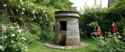 An old stone well surrounded by a lush English cottage garden filled with roses