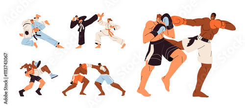 Martial arts set. Fighters wrestling, hit, kick at battle. Sportsmen do boxing, kickboxing, karate, judo. Wrestlers, boxers are at fight competition. Flat isolated vector illustrations on white