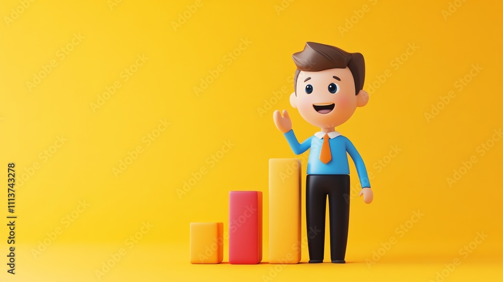 A cartoon businessman standing next to a bar chart and waving. A cartoon businessman standing next to a bar chart and waving.