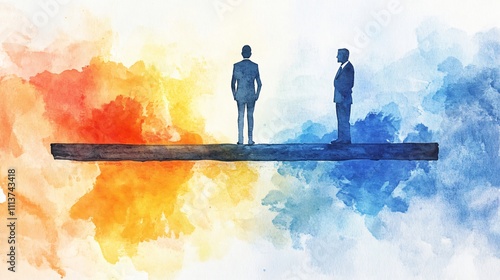 Two businessmen stand apart on a dividing line, symbolizing opposing viewpoints and the search for common ground in negotiations and decision-making.