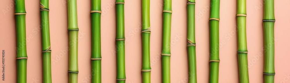 Fototapeta premium Vertical green bamboo stalks aligned against a soft pink background, showcasing their natural texture and vibrant color.