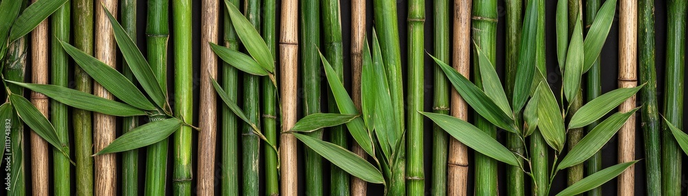Obraz premium A vibrant array of bamboo stalks and leaves, showcasing their natural green hues and textures in a harmonious, lush pattern.