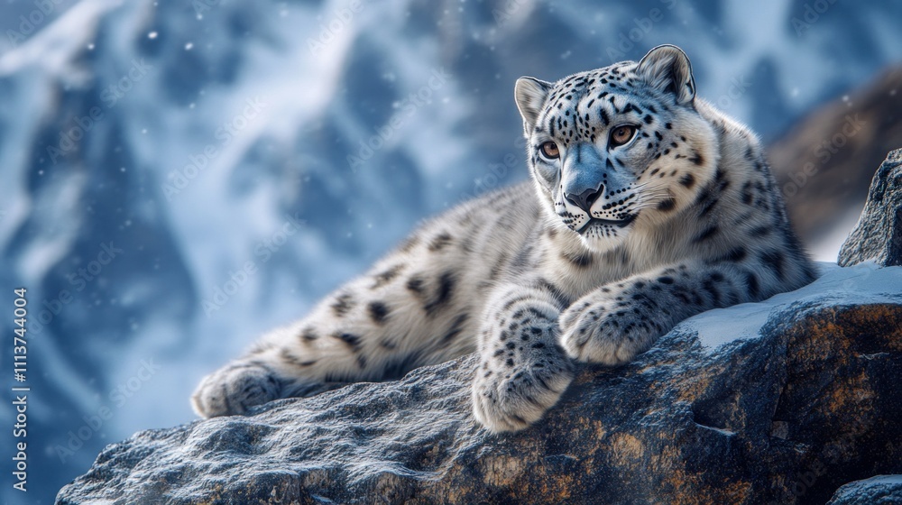 Fototapeta premium A majestic snow leopard resting on a rocky ledge in the Himalayas
