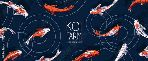 Top view of Koi in black water on web banner design. Stylish template with Oriental fishes in garden pond on background. Decorative Japanese carps swim in Asian lake. Flat vector illustration