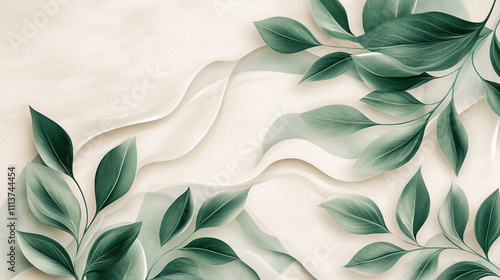 Elegant Green Leaves on Cream Abstract Background