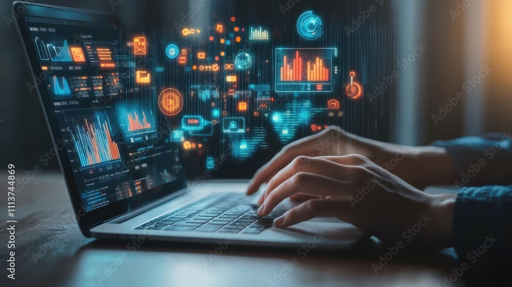 Laptop screen displays data analytics. Illustrates data analysis, business insights, and technology. Laptop screen displays data analytics. Illustrates data analysis, business insights, and technology.