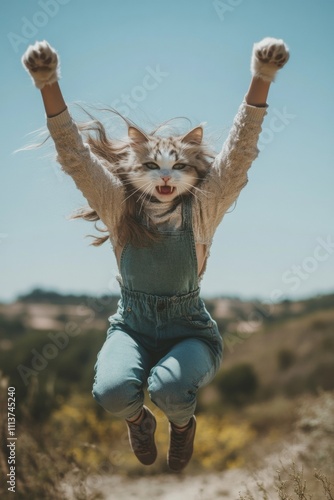 Quadrobics. Person wearing cat mask jumps joyfully in the countryside under a clear blue sky photo