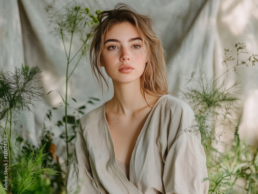 A young woman in eco-friendly, minimalist fashion, wearing a simple, organic cotton dress in a soft, natural setting with green plants and neutral tones. The focus is on sustainable clothing. A young woman in eco-friendly, minimalist fashion, wearing a simple, organic cotton dress in a soft, natural setting with green plants and neutral tones. The focus is on sustainable clothing.