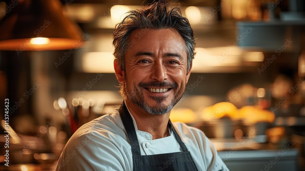 Fototapeta premium Smiling Asian Middle-Aged Man in Apron Standing in Modern Kitchen with Warm Lighting