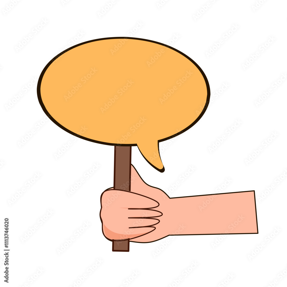 Flat illustration of a hand holding a yellow speech bubble