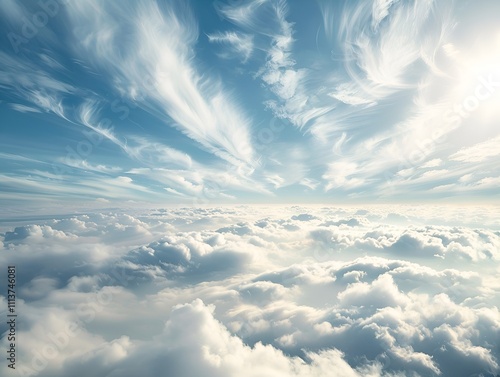 A picturesque sky with a mix of fluffy cumulus clouds and thin, wispy cirrus clouds. The layers of clouds create a sense of depth and movement. 40k, full ultra hd, high resolution photo