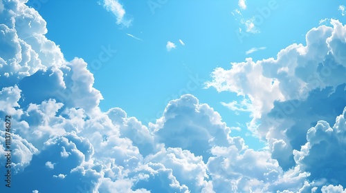 A sky filled with fluffy, white clouds drifting lazily across a bright blue background. The clouds appear soft and almost three-dimensional against the vibrant sky. 40k, full ultra hd, high resolution