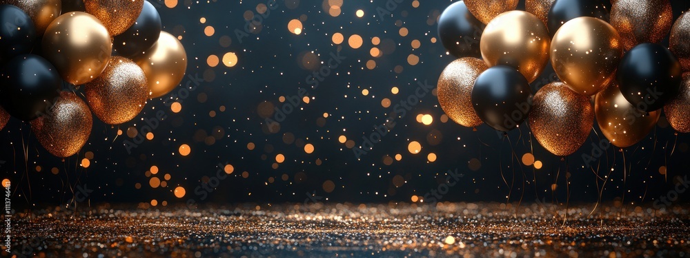 Fototapeta premium Birthday Party Background with Gold Balloons and Elegant Black Decor for Celebration and Invitation